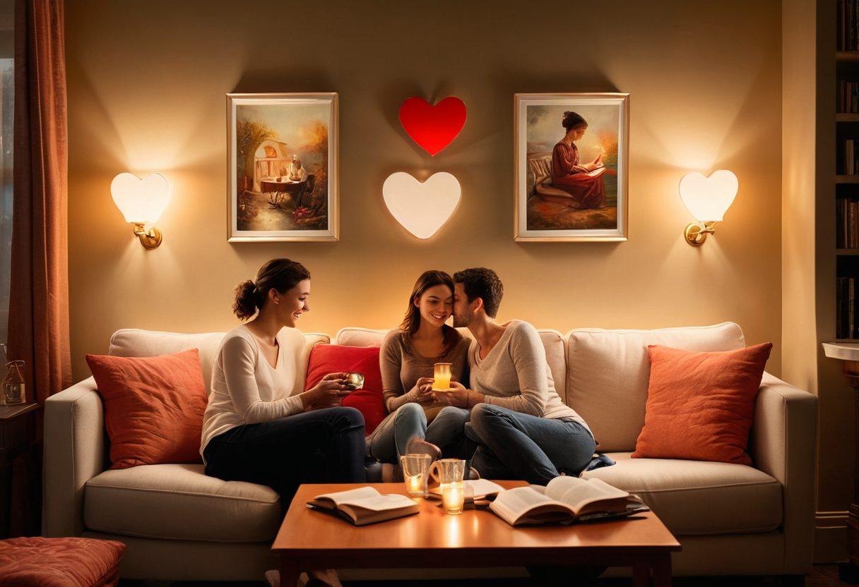 A warm and inviting scene featuring a couple sitting closely on a cozy couch, exchanging heartfelt glances. Surround them with elements symbolizing love, such as glowing heart-shaped lights, a steaming cup of tea, and an open book with highlighted passages on love advice. The wall in the background is adorned with framed photos of joyful moments together. Soft, romantic colors and gentle lighting create an atmosphere of intimacy. vibrant colors. painting.