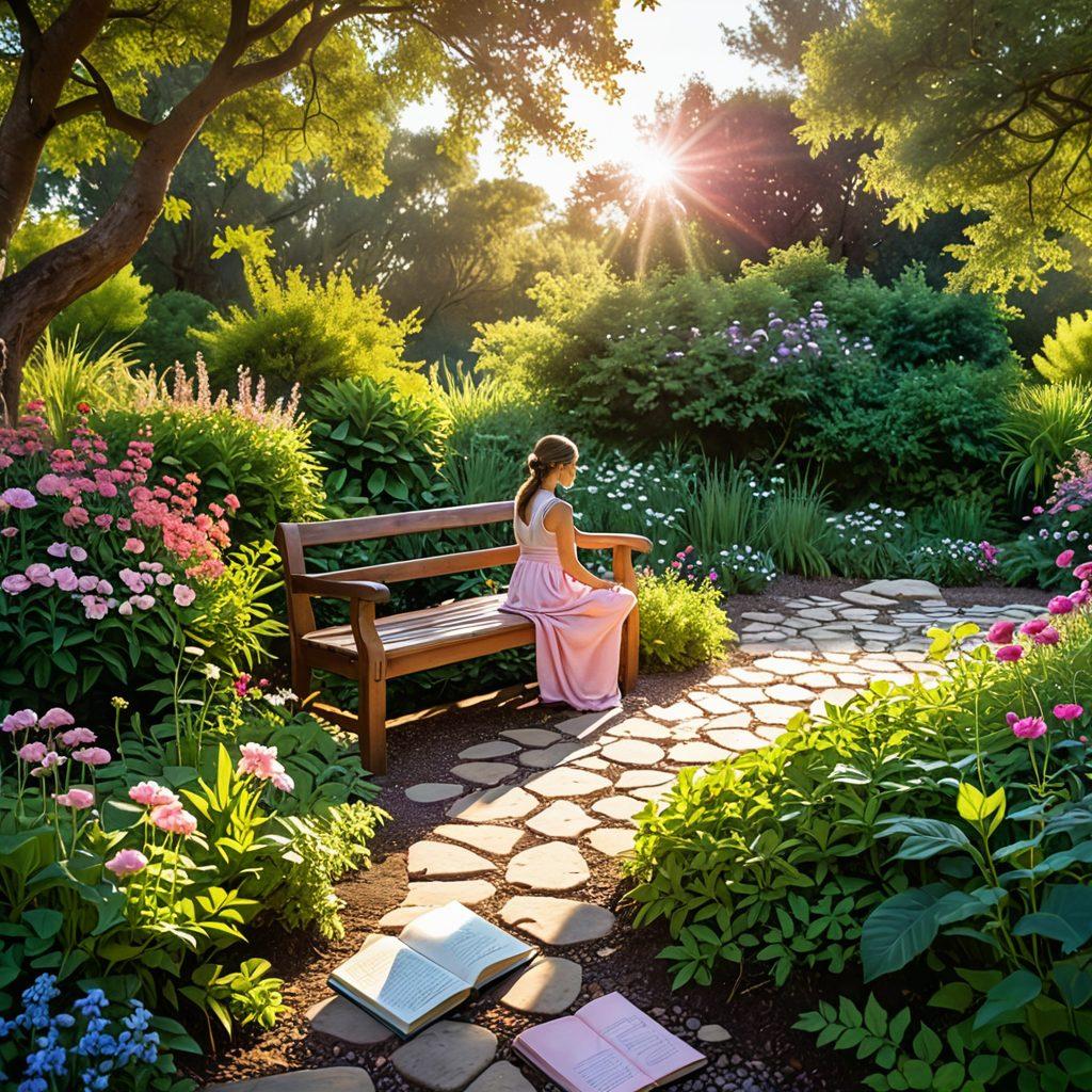 A serene, inspiring scene of a person meditating in a lush garden, surrounded by blooming flowers symbolizing growth. Soft sunlight filters through the trees, illuminating a heart-shaped path made of stones leading to a vibrant sunset. Nearby, a journal and a steaming cup of herbal tea rest on a wooden bench, symbolizing self-care and reflection. The overall feel should be uplifting and tranquil, evoking a sense of personal growth and romance. super-realistic. vibrant colors. peaceful atmosphere.