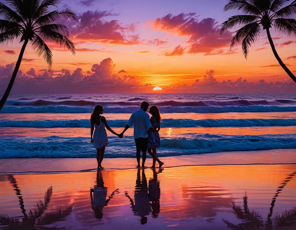 A warm, romantic scene depicting a couple embracing on a sunset beach, surrounded by soft waves and gentle, glowing light. In the background, silhouettes of palm trees sway, symbolizing emotional intimacy and growth. Subtle heart shapes made of clouds float above in the sky, enhancing the theme of lasting love. The colors are vibrant with oranges, pinks, and purples. super-realistic. vibrant colors.